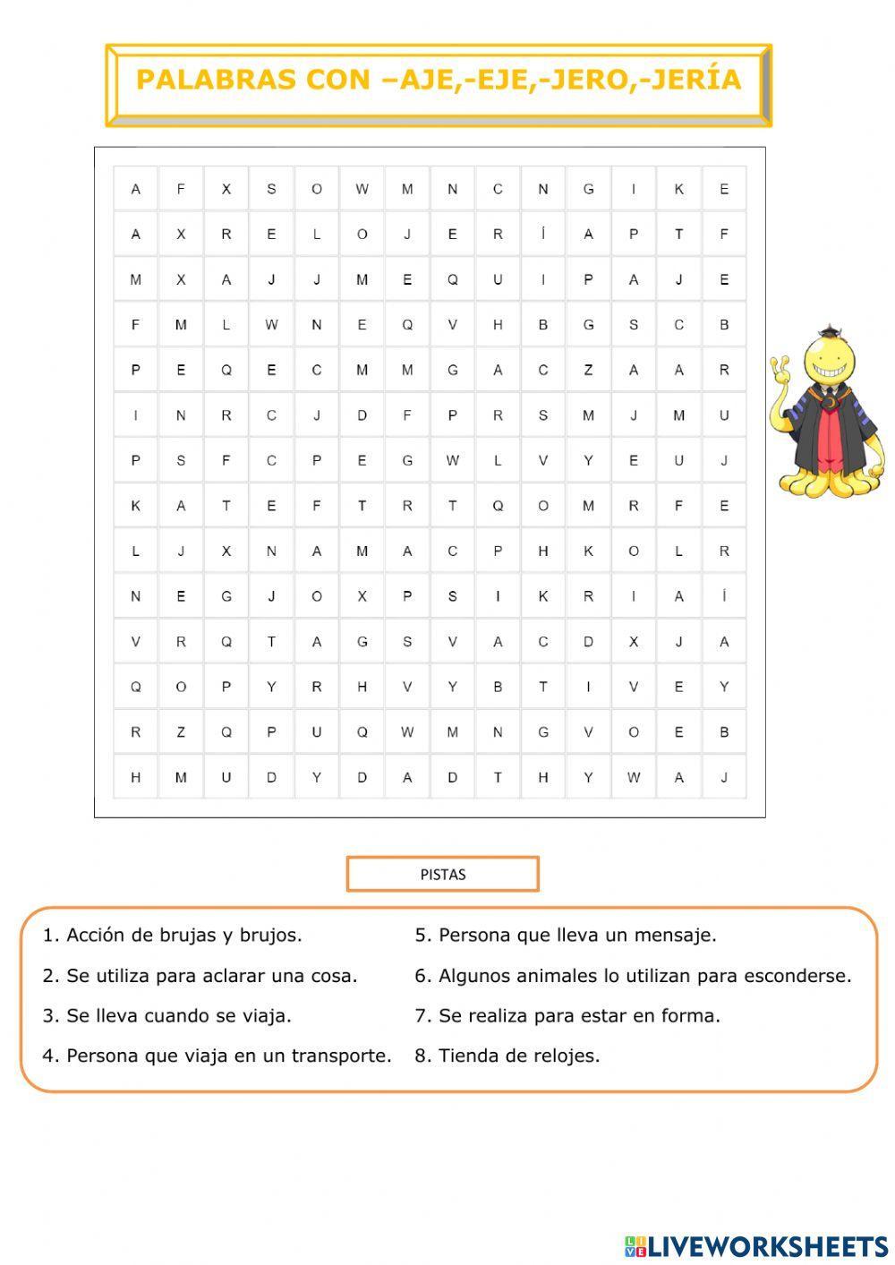 Palabras con -eje, -aje, -jero, -jería.