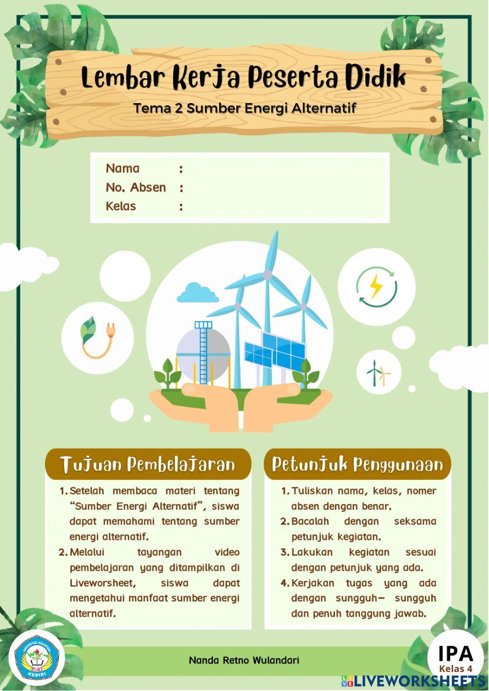Lembar Kerja Peserta Didik IPA Kelas 4 SD Sumber Energi Alternatif