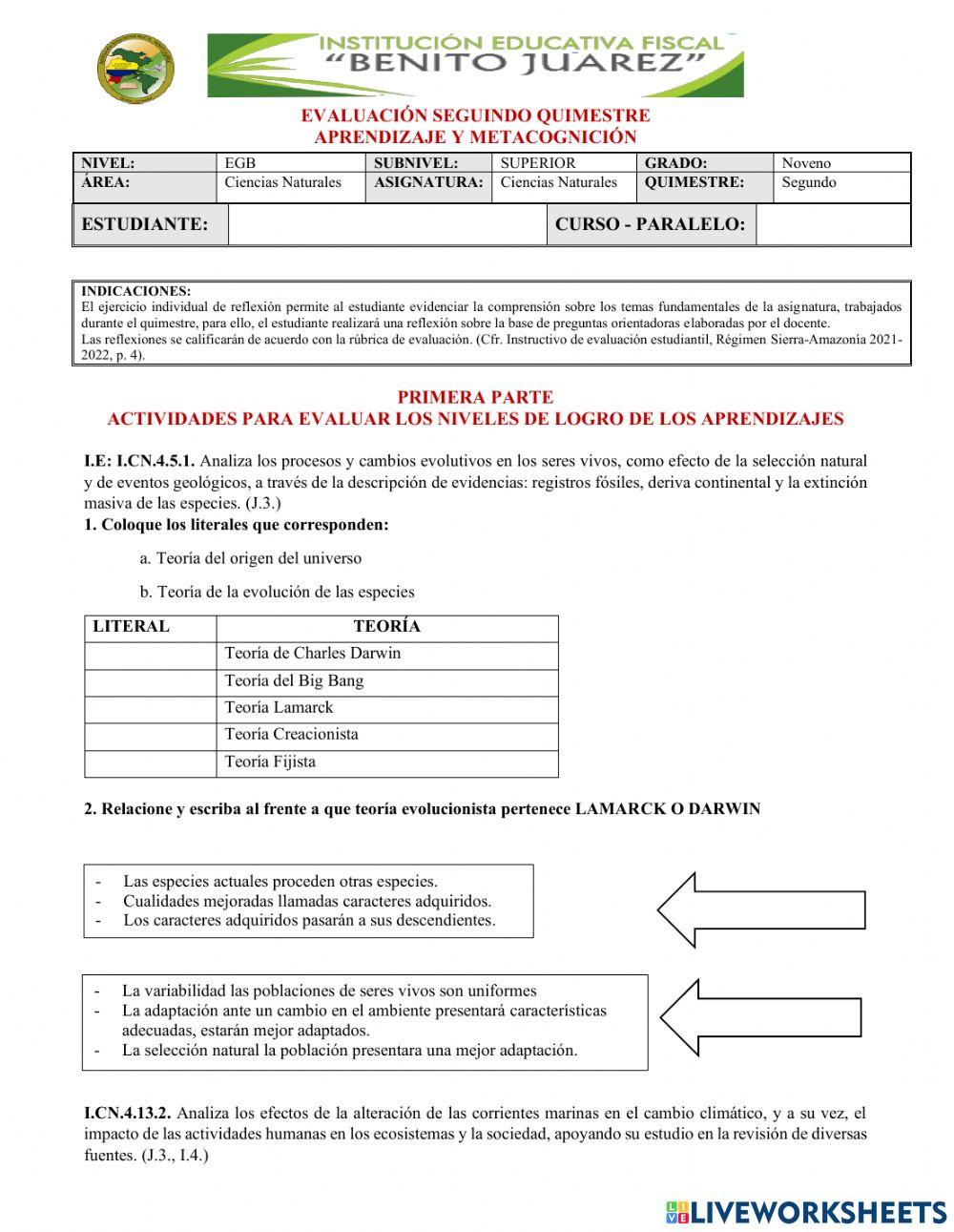 Examen quimestral noveno
