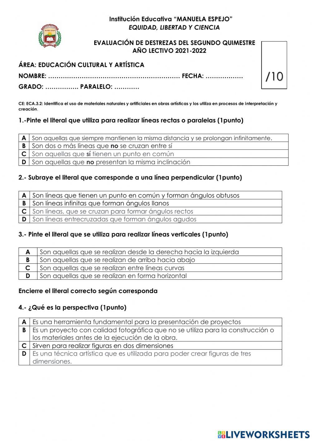 Evaluación de educación cultural y artisitica