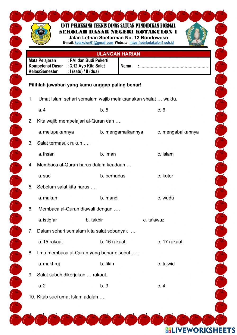 Ulangan Harian PAI KD. 3.12 Ayo Kita Shalat