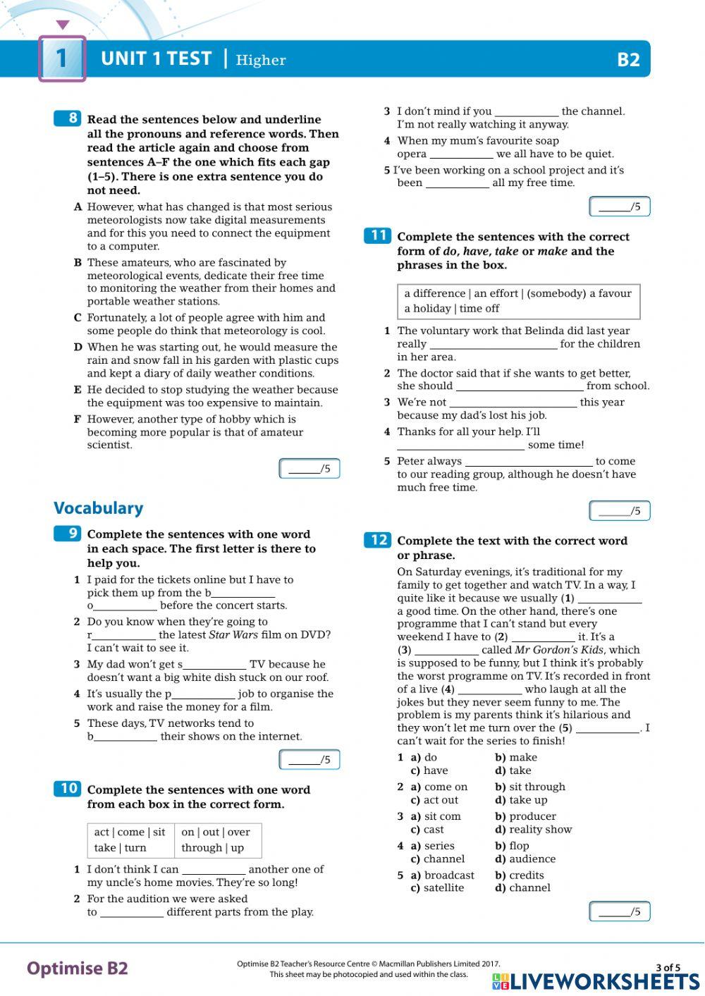 Optimise B2 Test unit 1