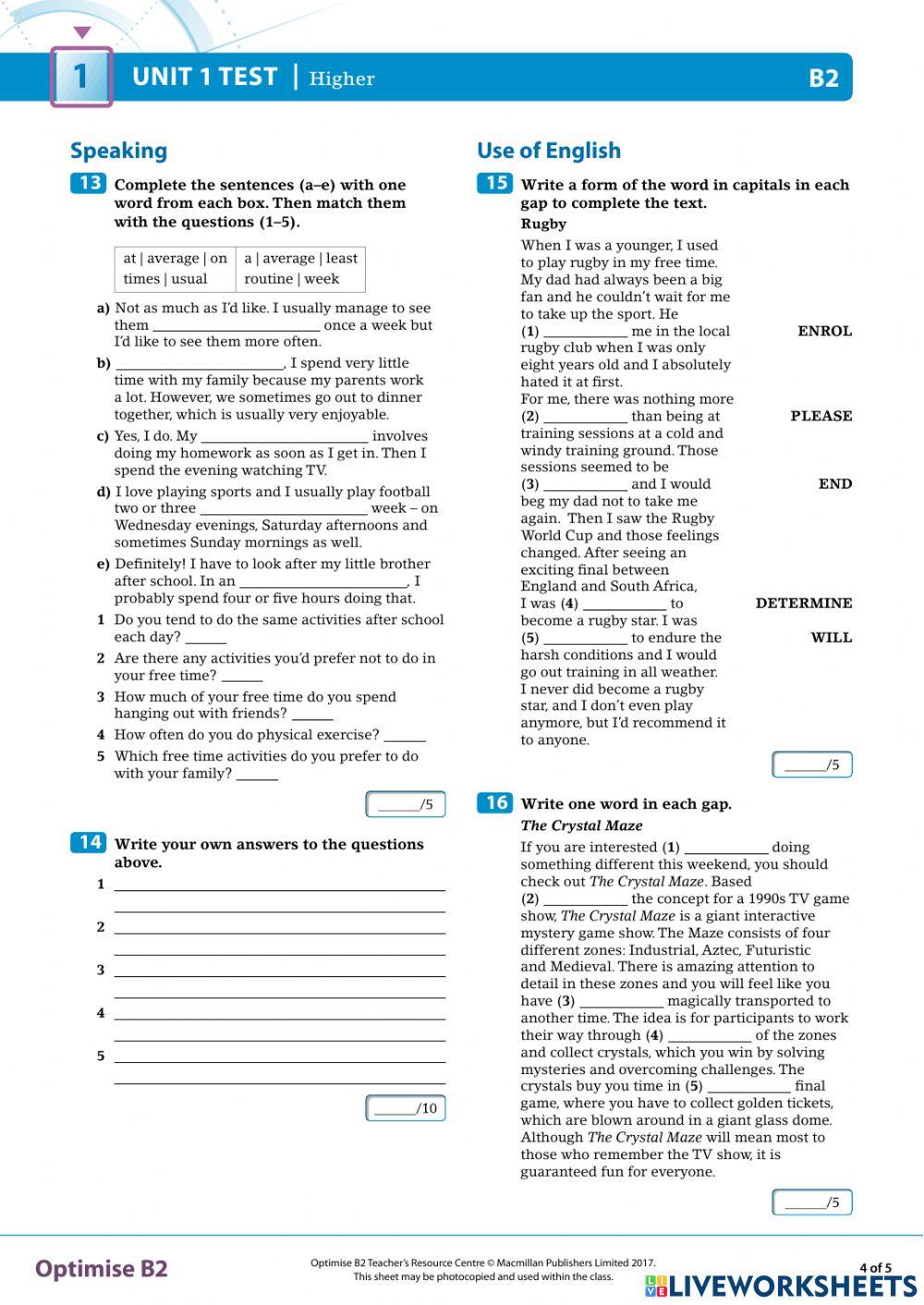 Optimise B2 Tes… | Free Interactive Worksheets | 6880448