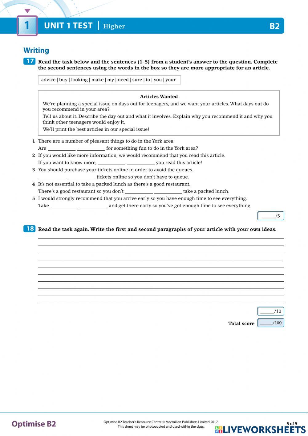Optimise B2 Test unit 1