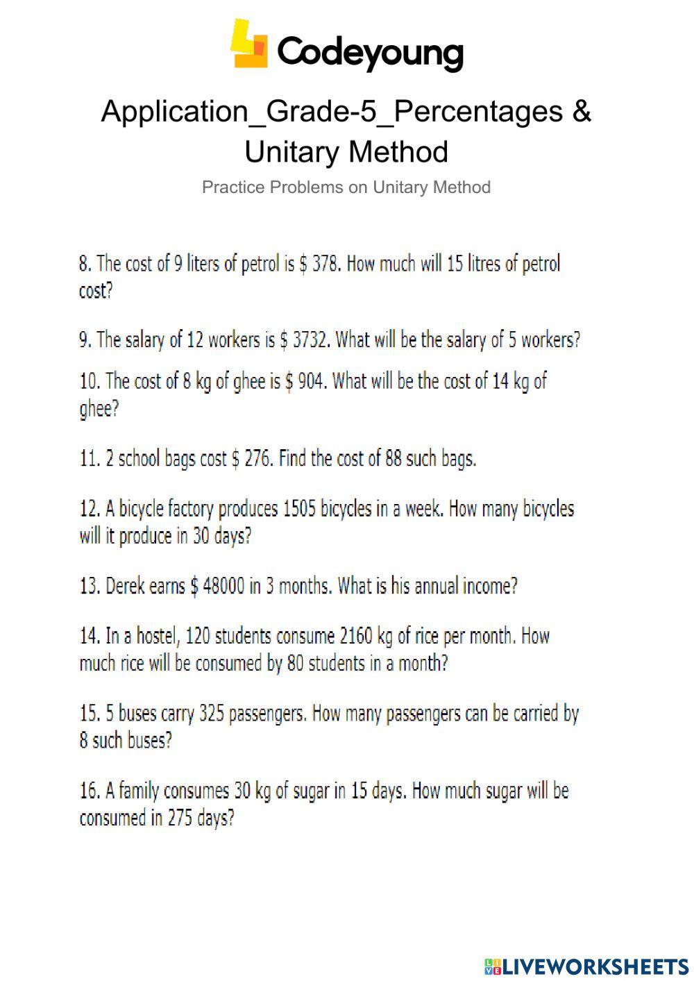2084701 | Application-Practice Problems on Unitary Method
