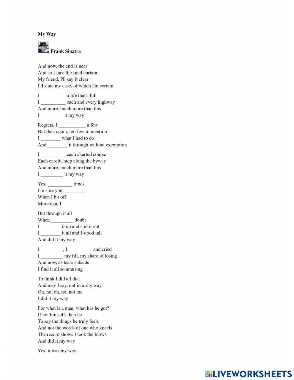 MY WAY SONG. Gap filling exercise