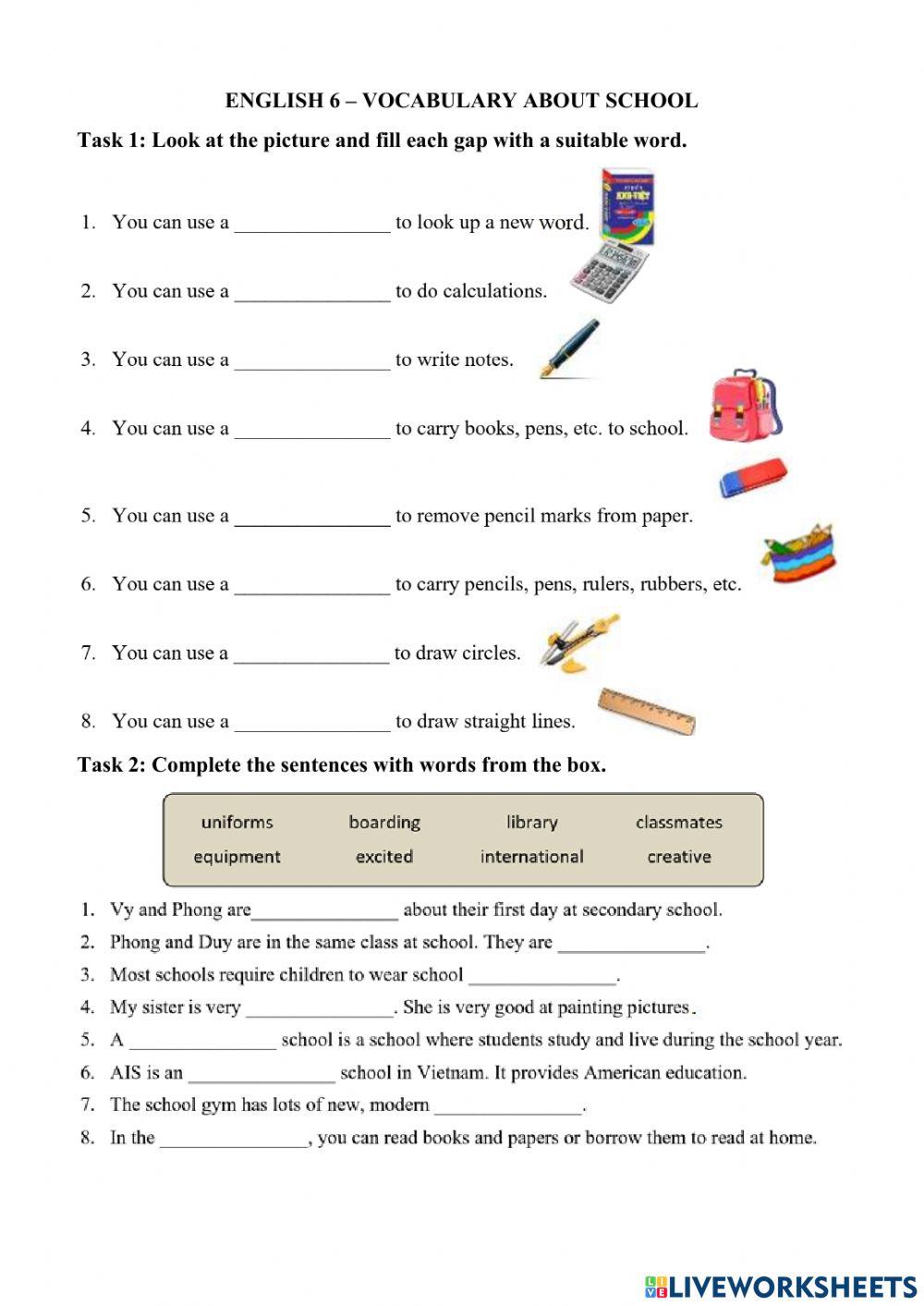 ENGLISH 6 - UNIT 1 - VOCABULARY ABOUT SCHOOL
