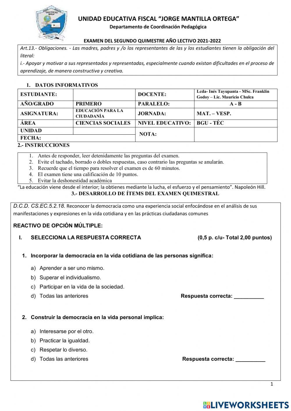 Examen ciudadania primero