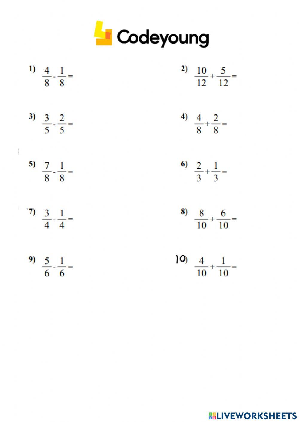 Addition and Subtraction of Fractions Concept HW