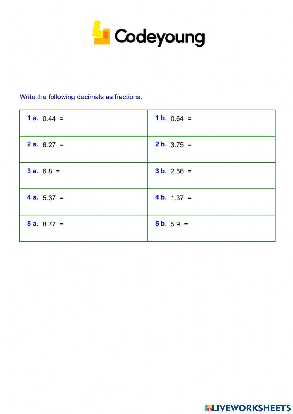 Conversion of a Decimal into a Fraction and vice versa Concept HW