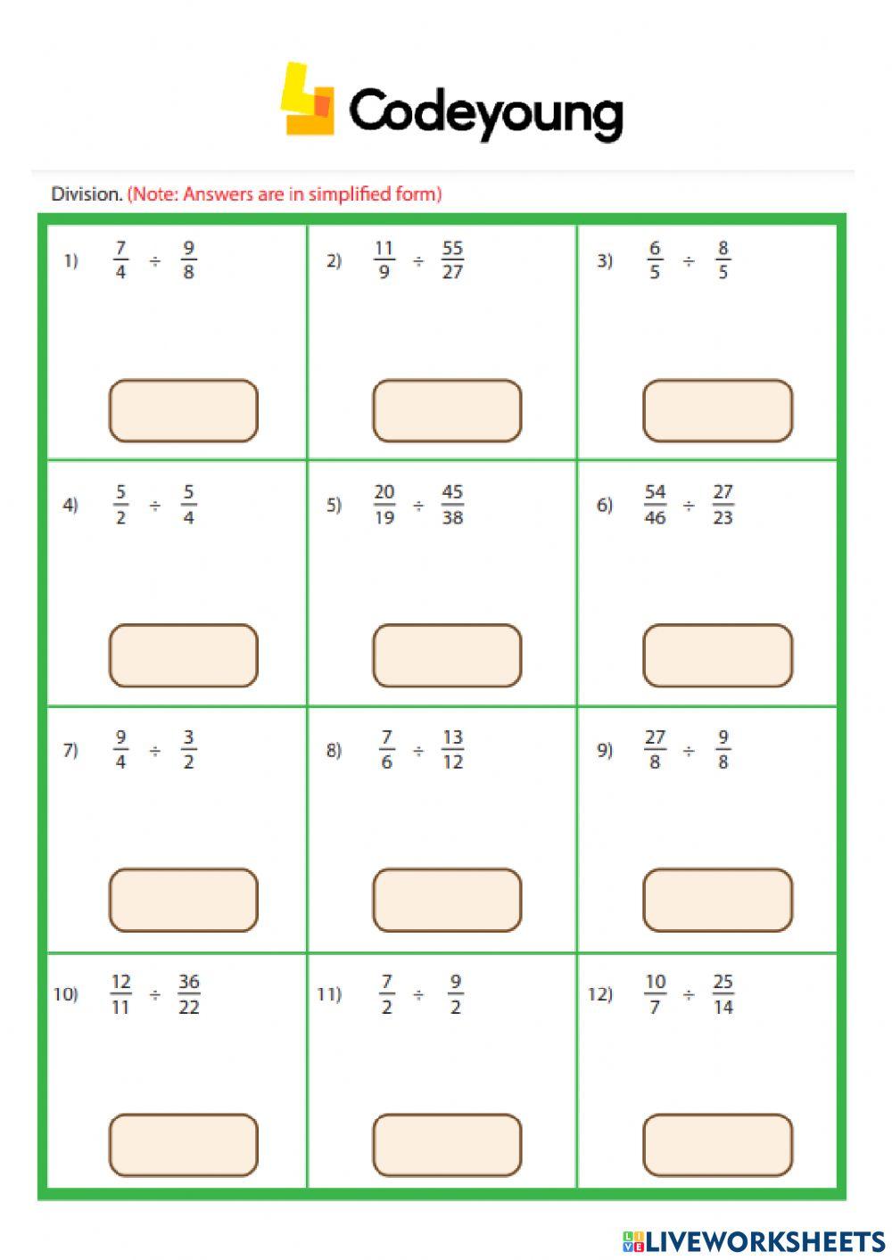 Division of Fractions by Fractions Concept HW