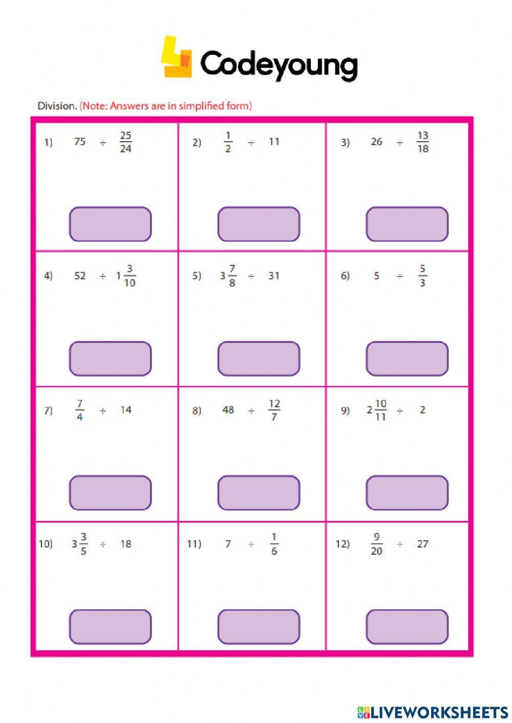 Division of Fractions by Whole Numbers Concept Hw