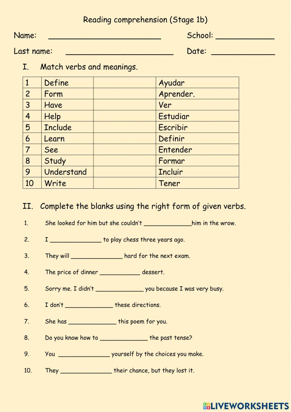Reading comprehension (Stage 1b)