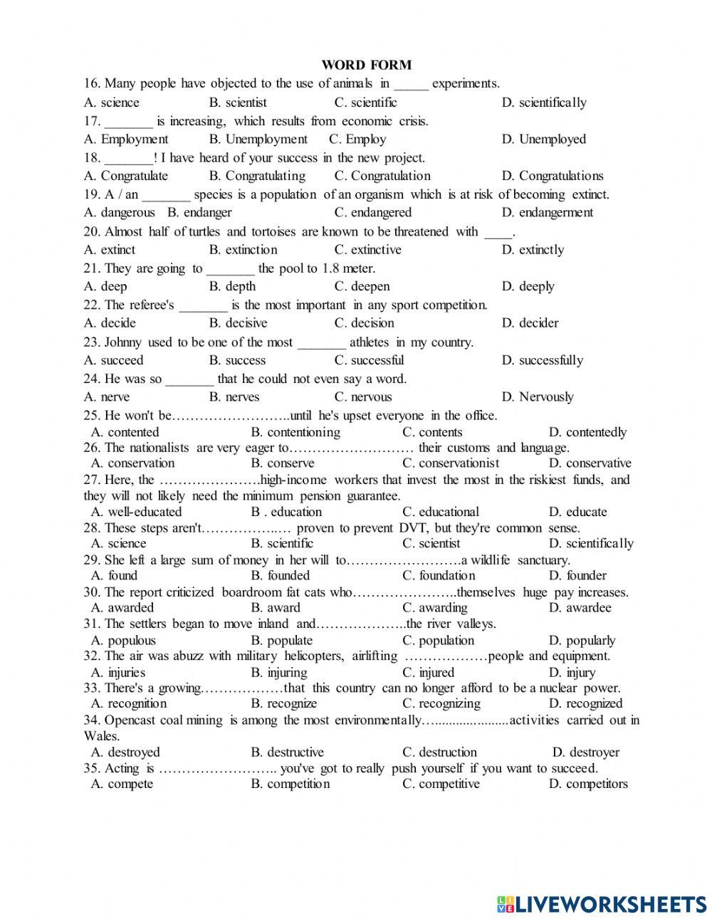 Word form English as a Second Language (ESL) exercise | Live Worksheets