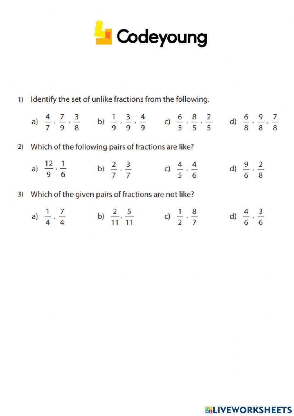 Types of Fractions Concept HW