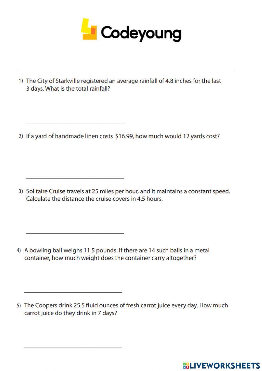 Multiplication of Decimals Concept Application