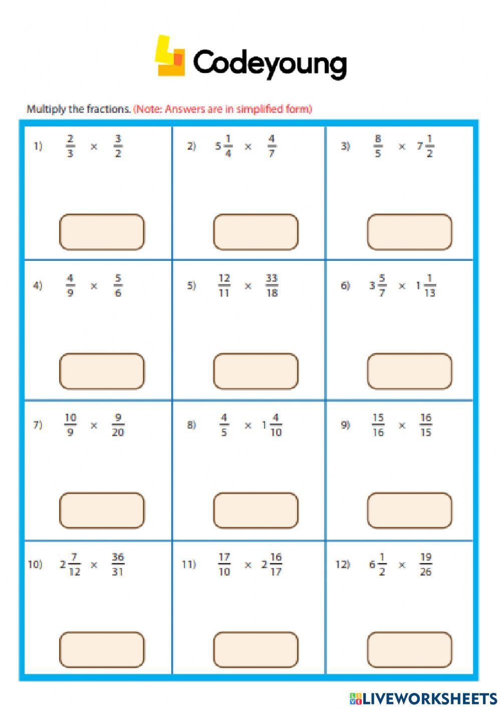 Multiplication of Fractions by Fractions Concept HW