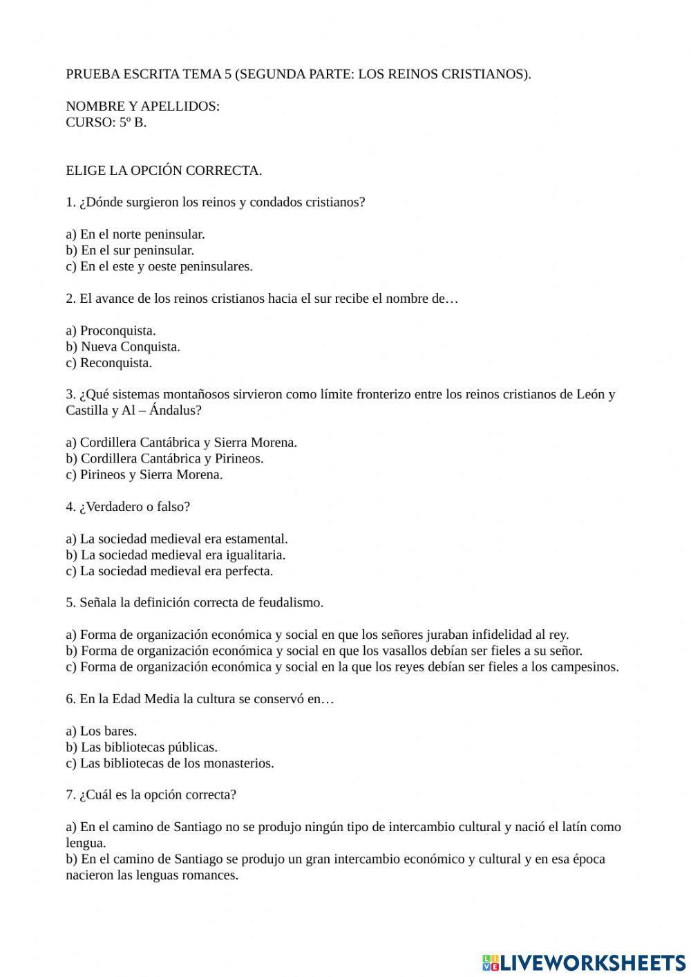 Examen tema 5. parte 2. los reinos cristianos.