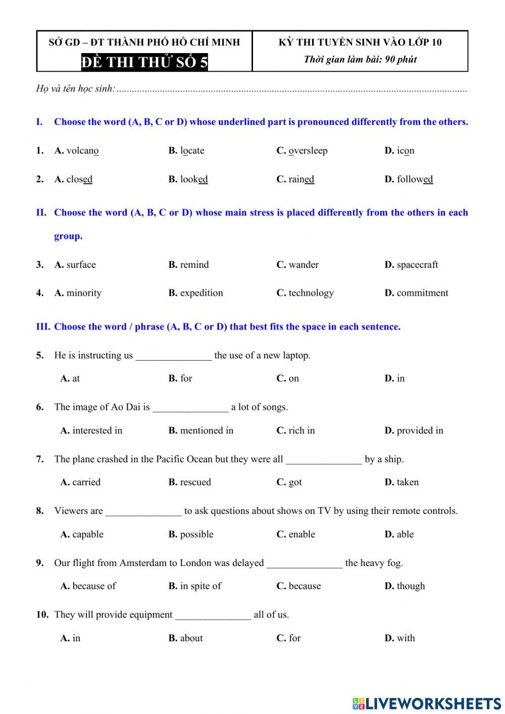 Đề 5 - TS 10 TPHCM 2022
