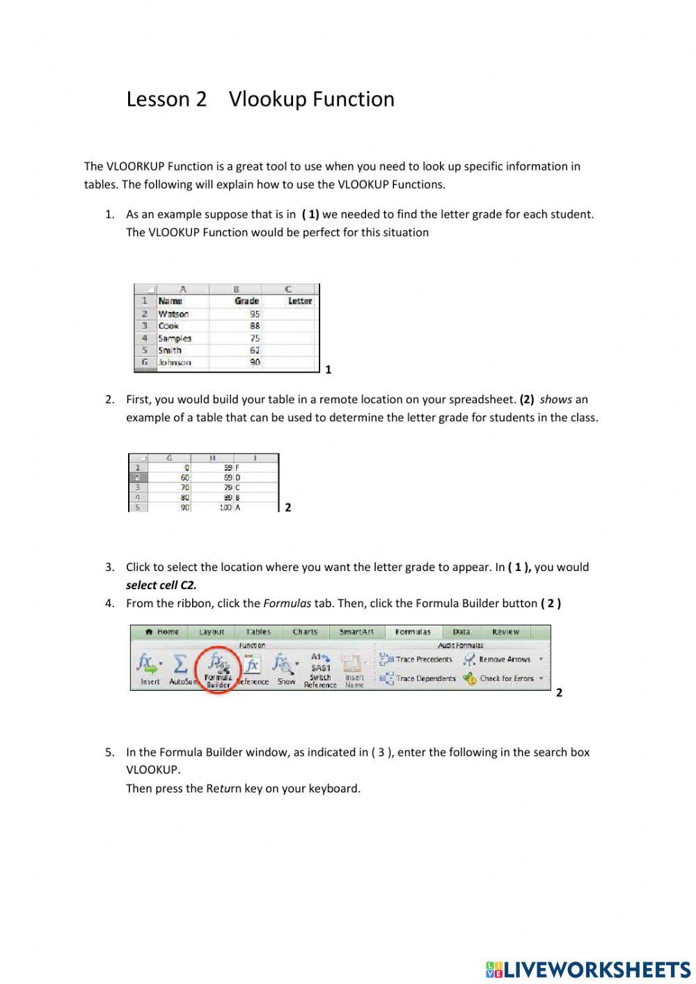 Lesson 2 VLOOKUP function worksheet | Live Worksheets