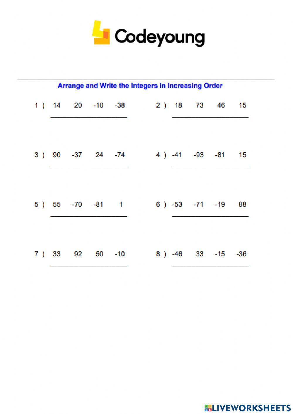 Comparison and Ordering of Integers Concept CW