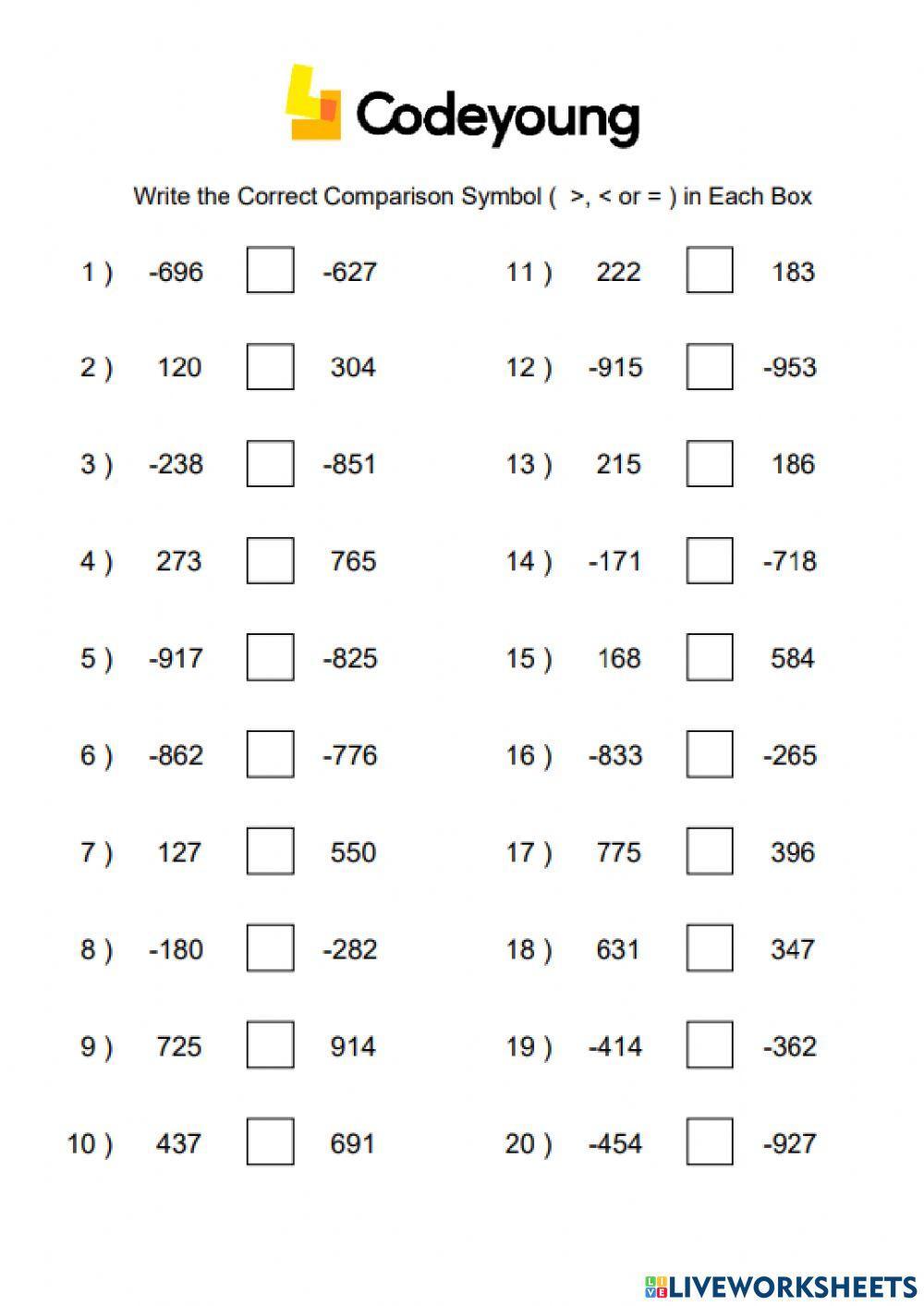 Comparison and Ordering of Integers Concept HW