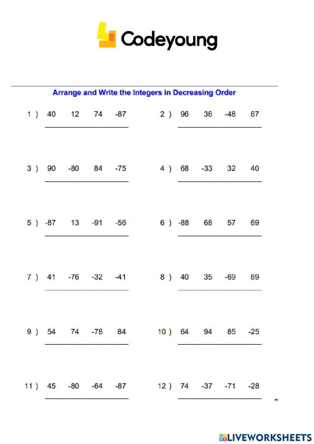 Comparison and Ordering of Integers Concept HW