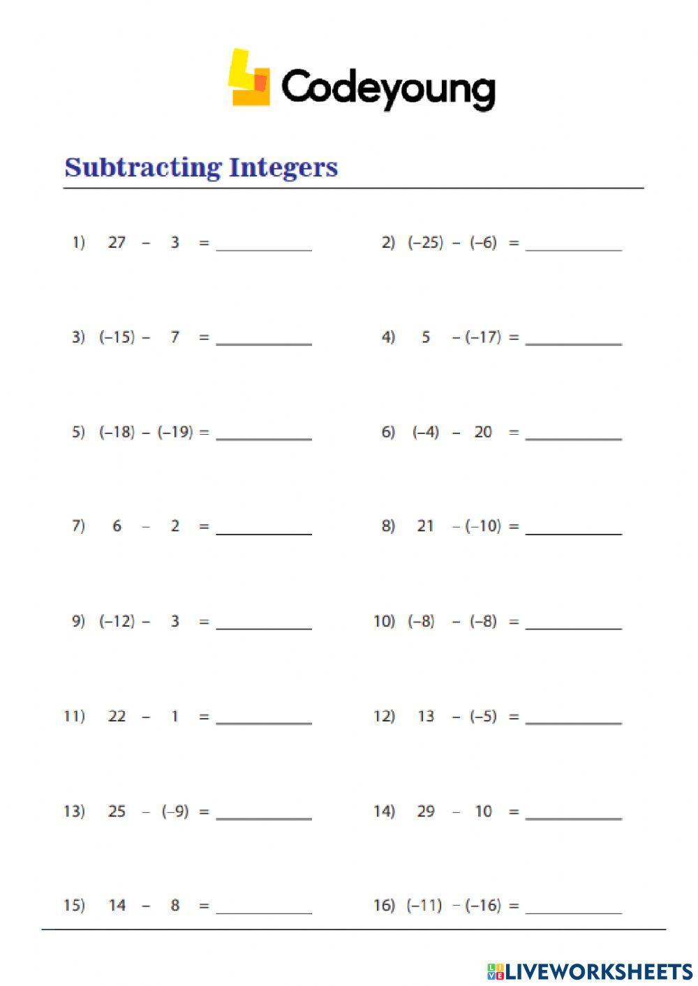 An Introduction to Subtraction of Integers Concept HW