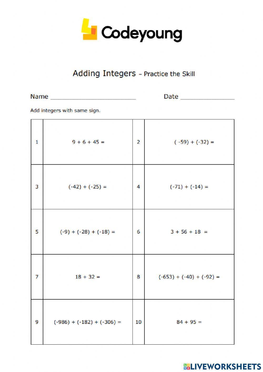 An Introduction to Addition of Integers Advanced