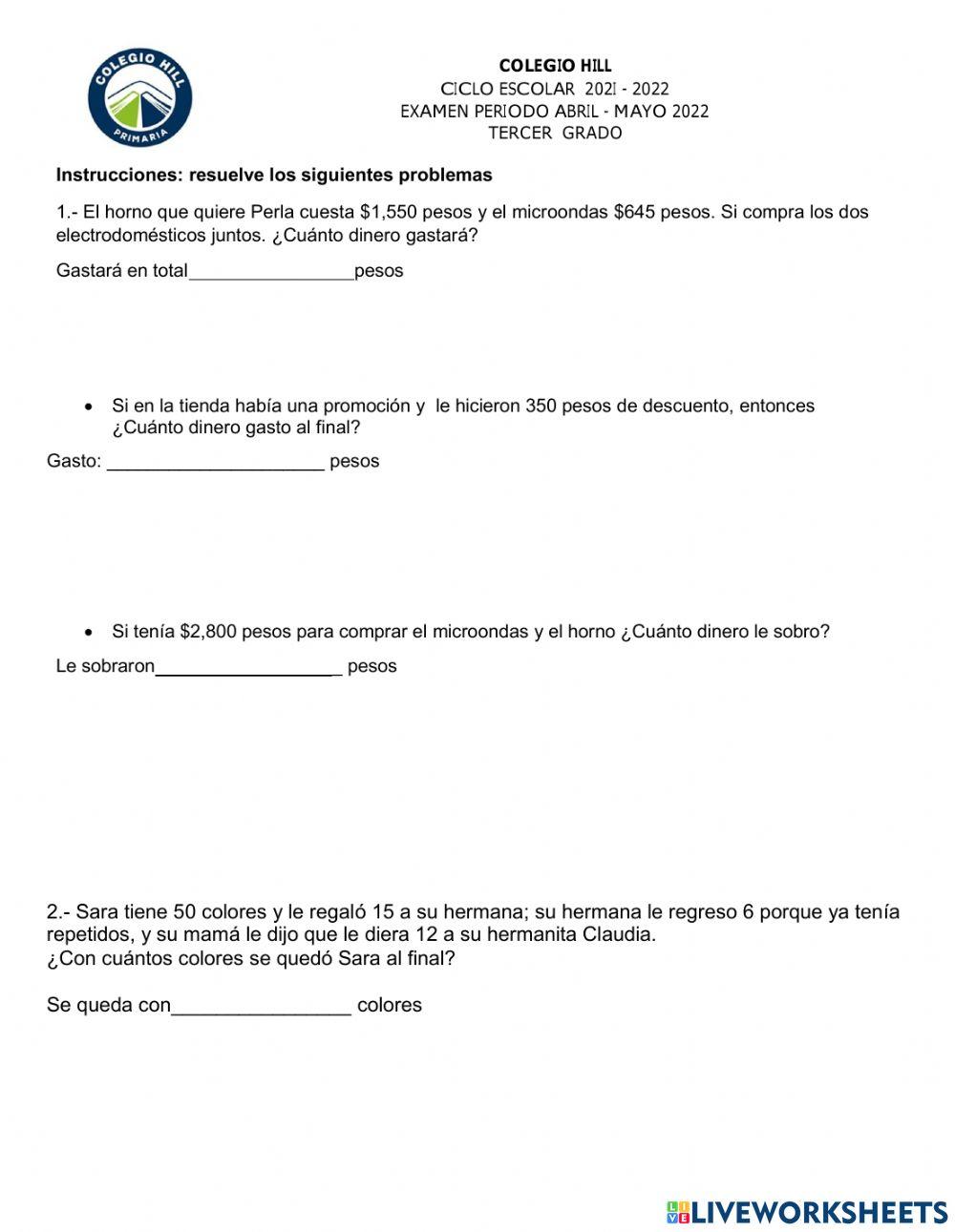 Examen de matematicas mayo