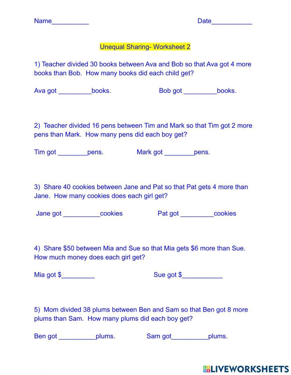 Unequal Sharing Worksheet 2