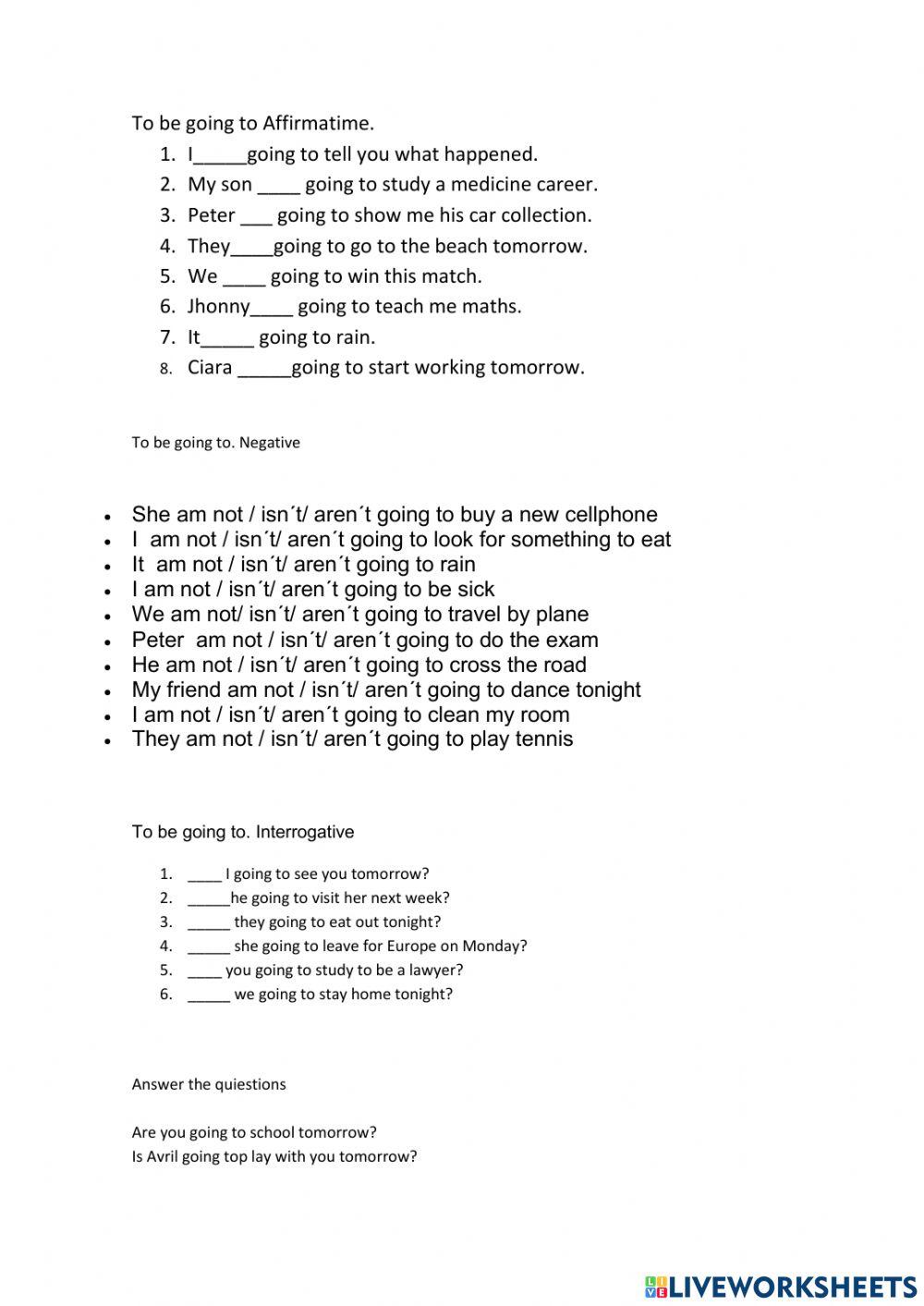 Pdf online worksheet To be going to Live Worksheets