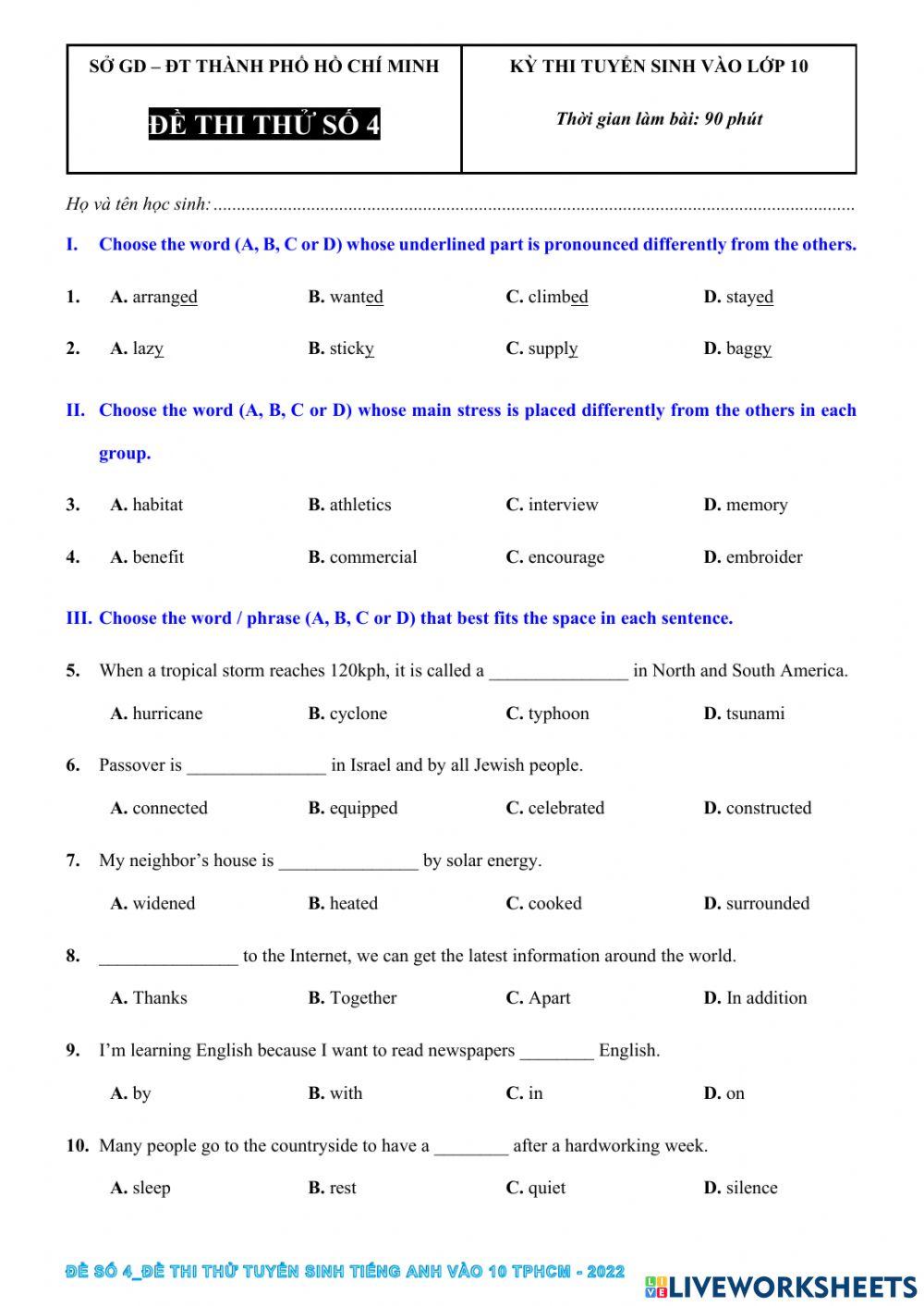 Đề 4 - TS 10 TPHCM - 2022