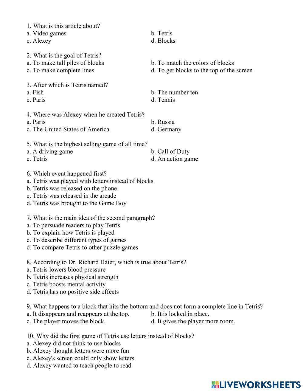 Nonfiction Reading Test Tetris
