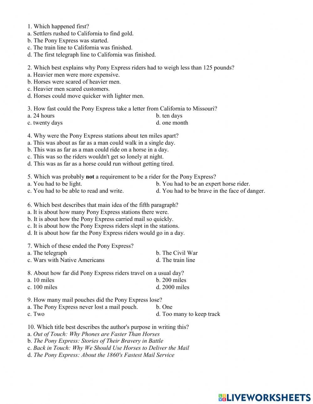2063597 Nonfiction Reading Test The Pony Express 2063597 Nonfiction Reading Test The Pony Express