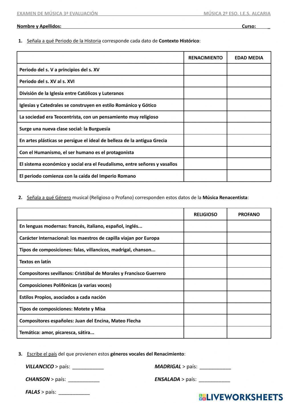 Examen: Música Medieval y Renacentista