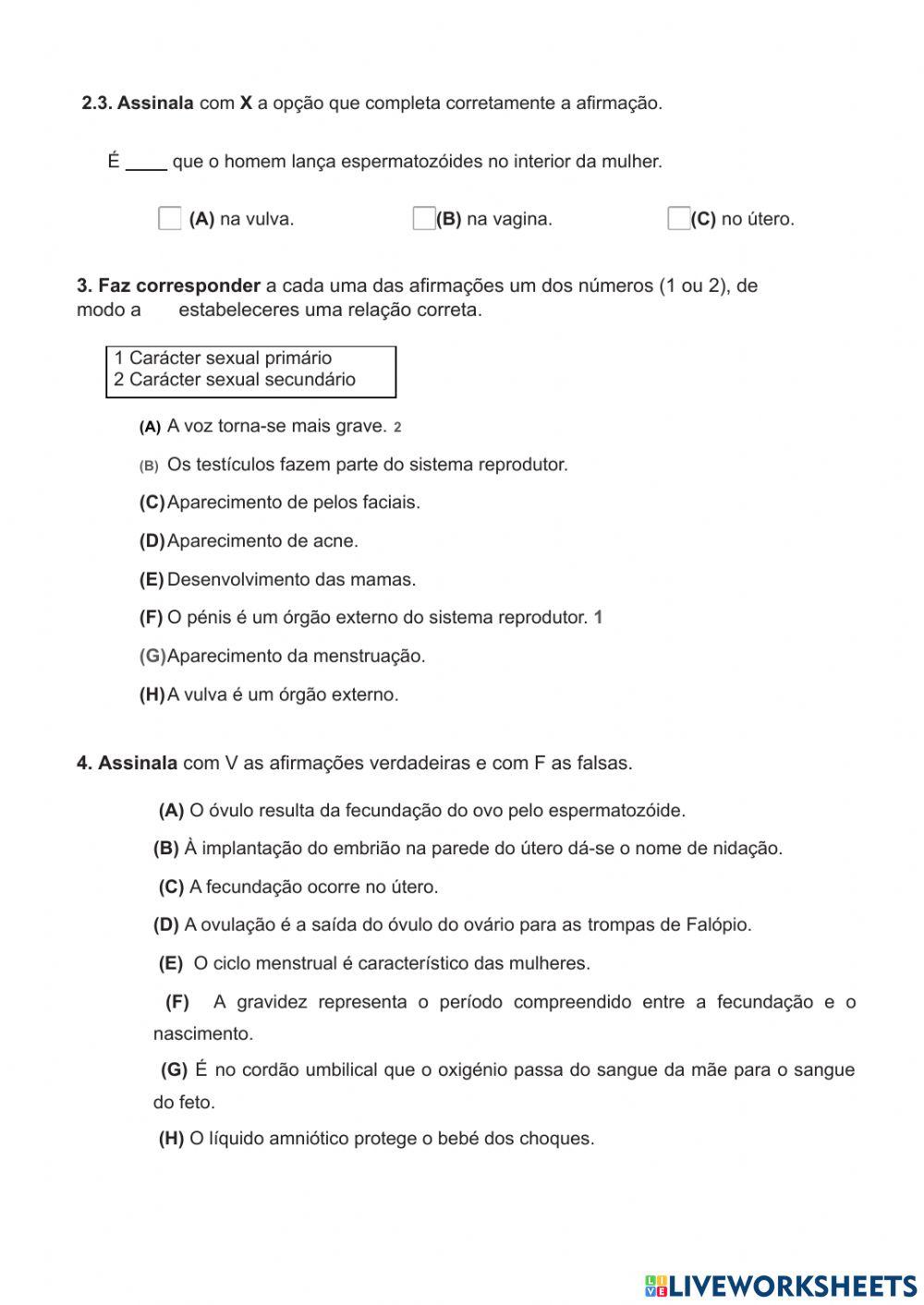 Teste sobre reprodução do ser humano e das plantas