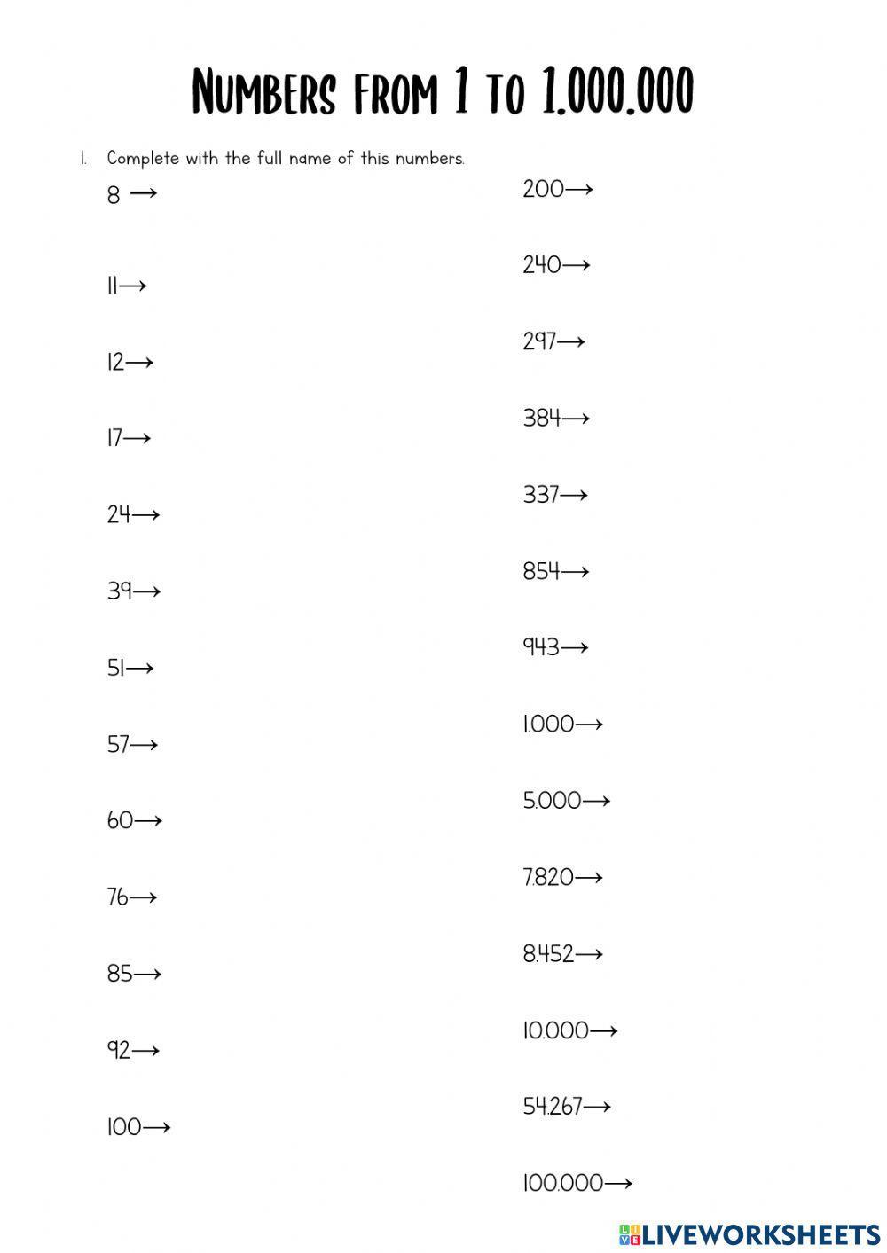Numbers from 1 to 1000000