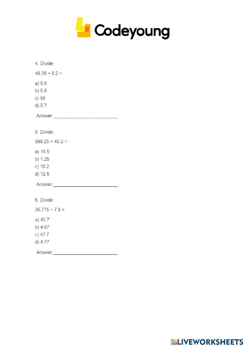 Division of Decimals Concept CW