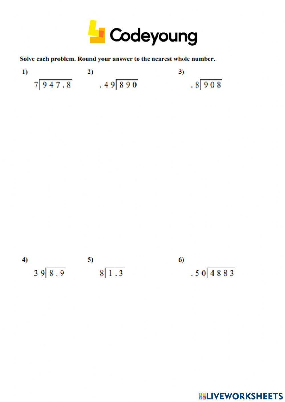 Division of Decimals Concept HW