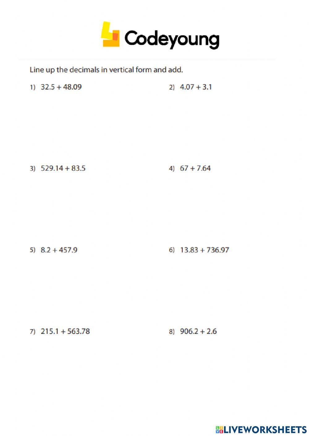 Addition and Subtraction of Decimals Concept HW