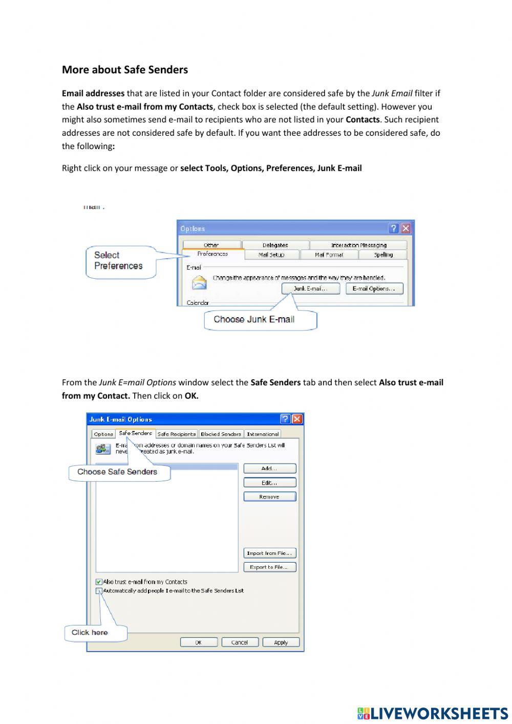 Lesson 7   Removing Users Junk Email, Safe Senders List