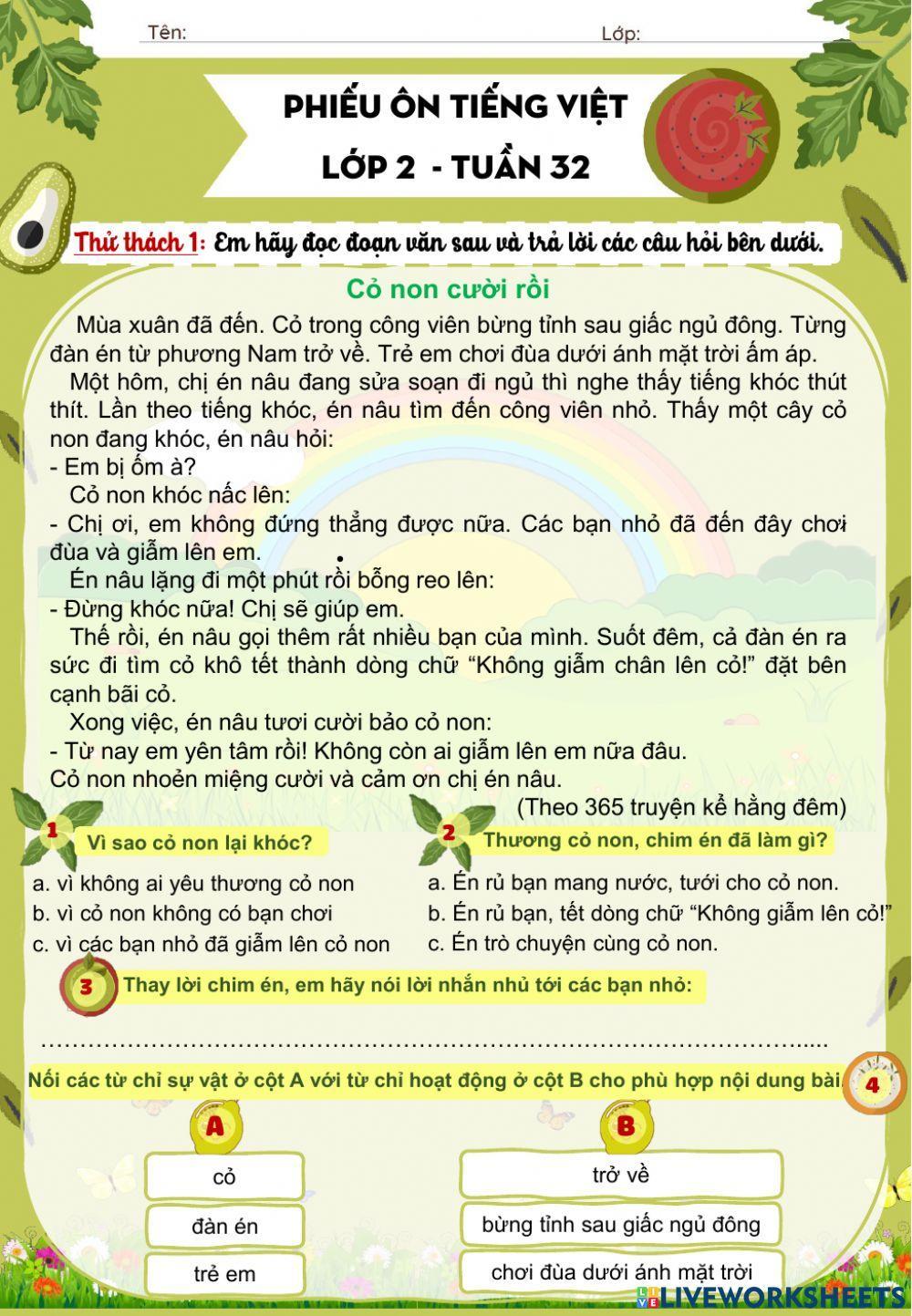 Lớp 2 - Tiếng việt - Tuần 32 - Đề 1