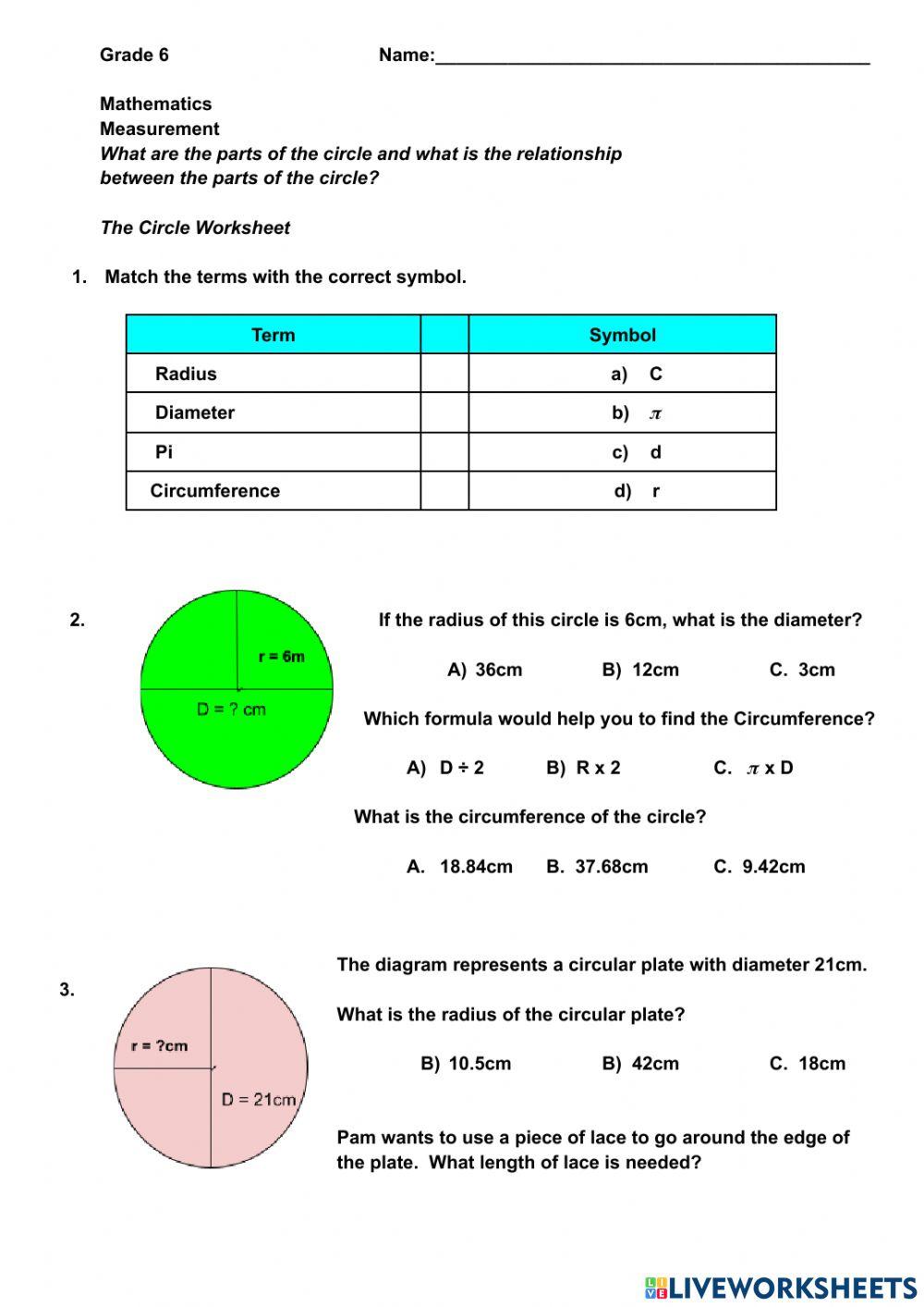 Finding Radius, Diameter and Circumference online exercise for Live