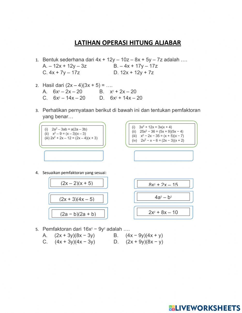 Latihan Operasi Hitung Aljabar