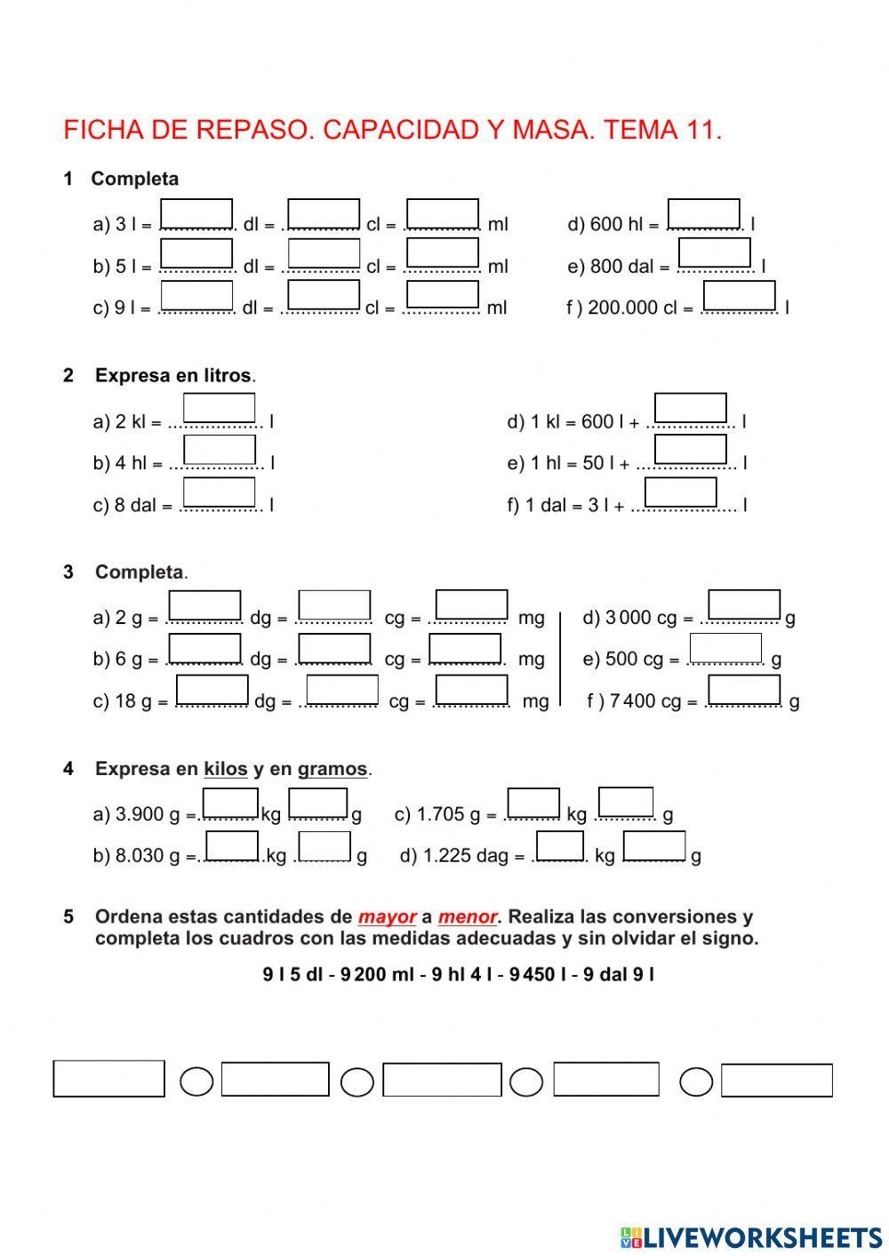 Repaso unidades de medida: capacidad y masa
