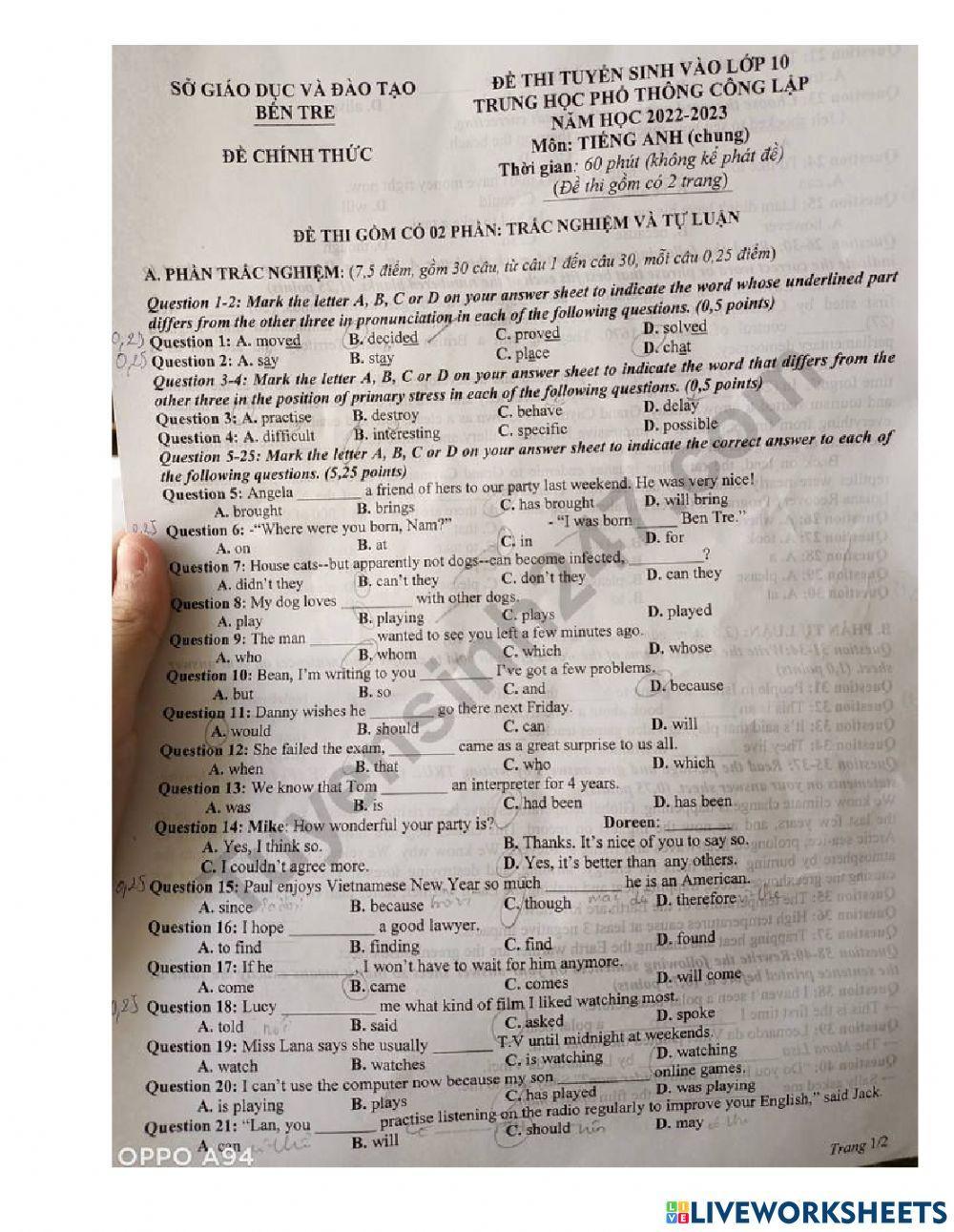 Đề thi vào lớp 10 tỉnh Bến Tre môn Anh năm 2022