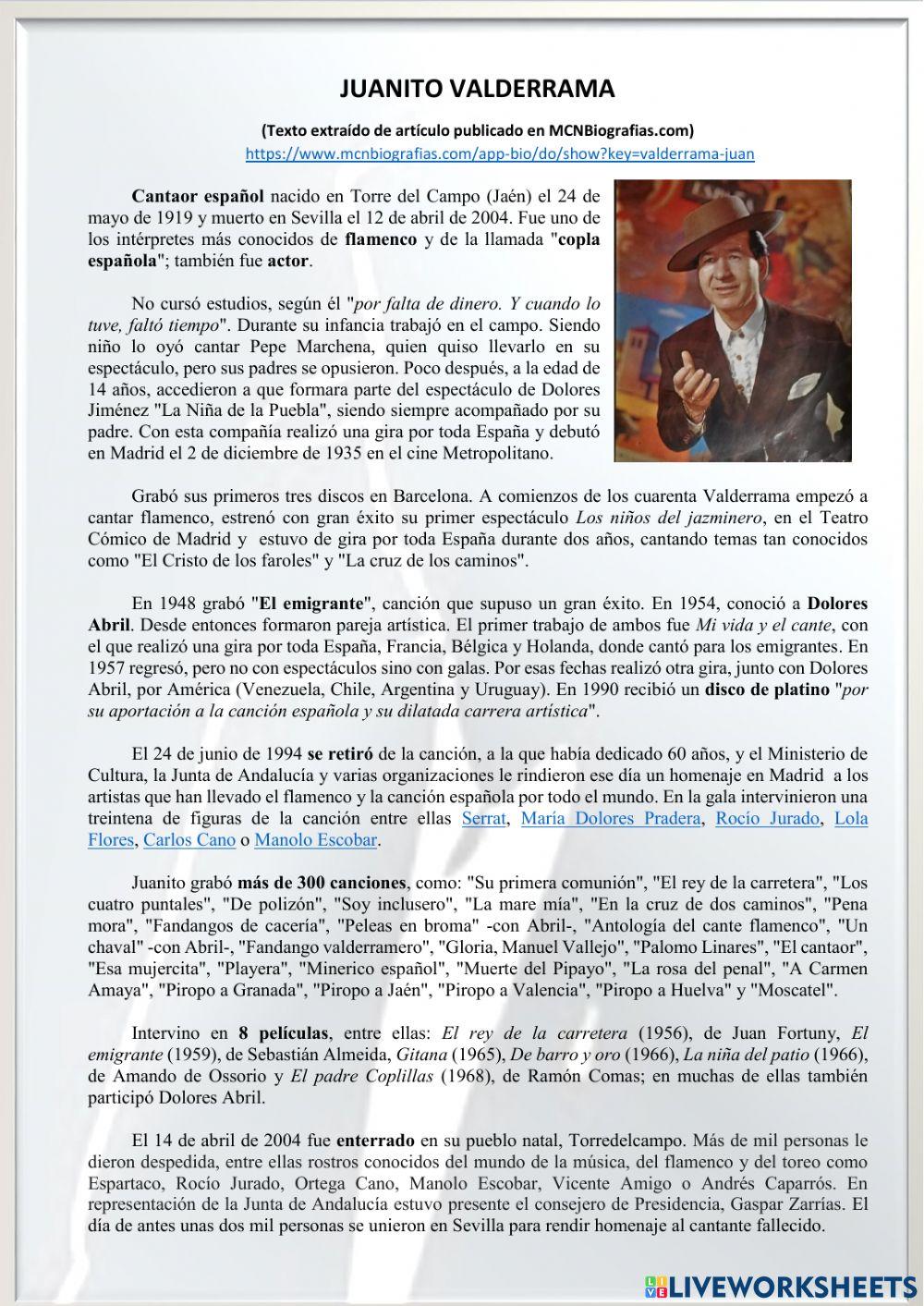 Lectura comprensiva2 sobre Juanito Valderrama