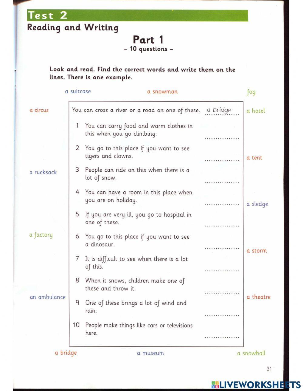 Flyers Test 2 Book 1 Reading & Writing worksheet Live Worksheets