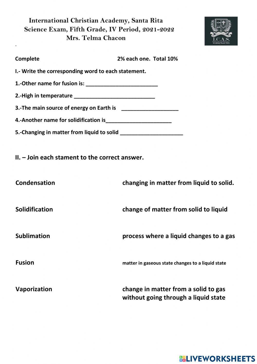 Science Exam Fifth Grade IV Period 2021 2022 online exercise for Live Science Exam Fifth Grade IV Period 2021 2022 online exercise for Live